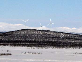 View from hotel in Kiruna,Sweden zoomed to the windmills