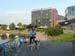 12.07 Tartu, Estonia - Sanna with the dogs. Our hotel is on the background
